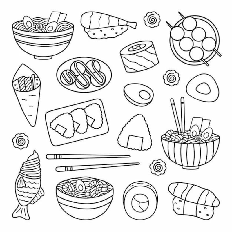 Tranh tô màu đồ ăn sushi dễ thương