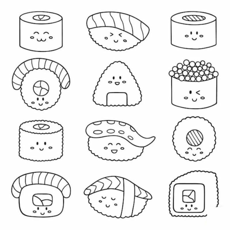 Tranh tô màu đồ ăn sushi dễ thương