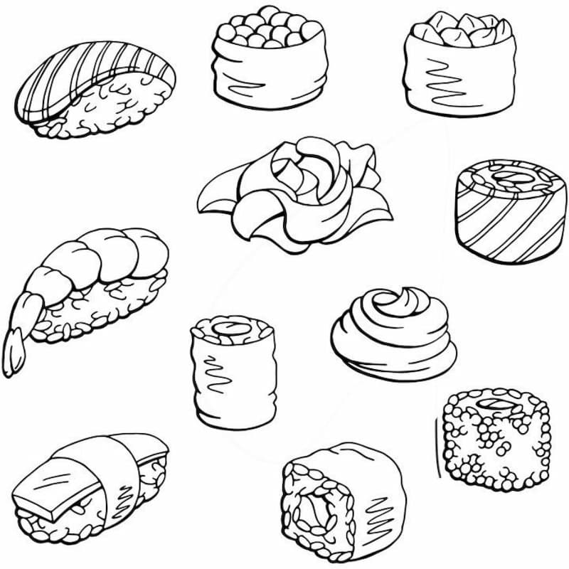 Tranh tô màu đồ ăn sushi dễ thương