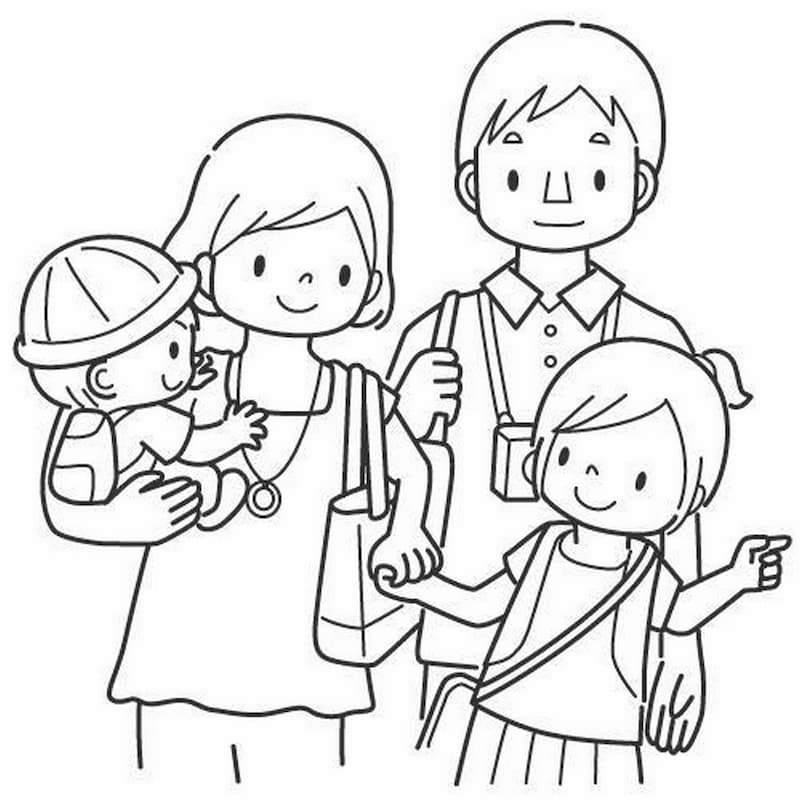 Tranh tô màu gia đình 4 người đẹp cho bé